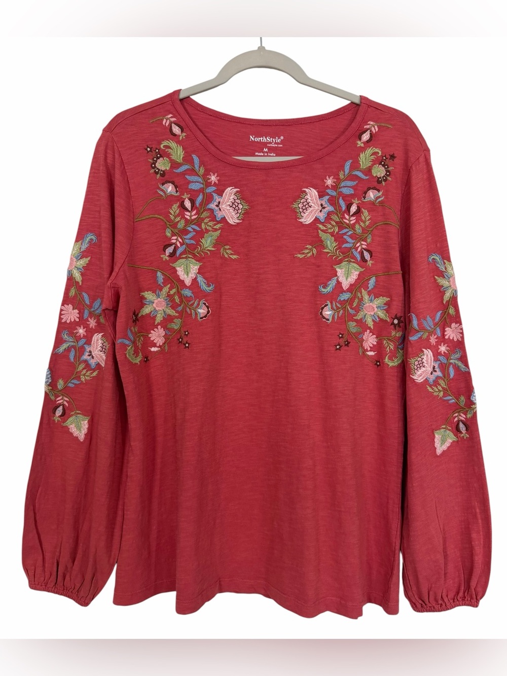 NorthStyle Floral Embroidered Slub Cotton Top Boho Coral Size Medium